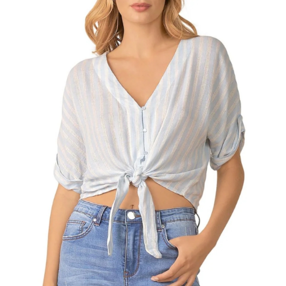 Elan blue Striped Button-Up tie front Top NWT .
